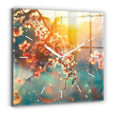 Square glass wall clock Spring flowers