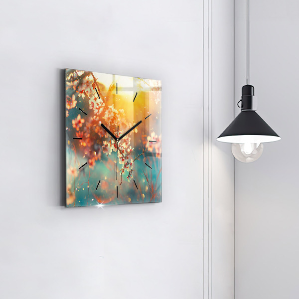 Square glass wall clock Spring flowers