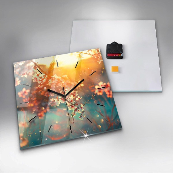 Square glass wall clock Spring flowers