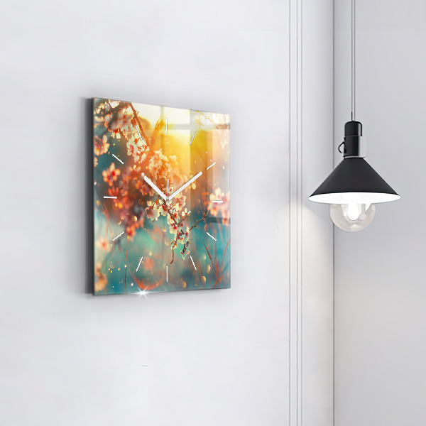 Square glass wall clock Spring flowers