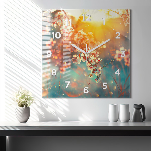 Square glass wall clock Spring flowers