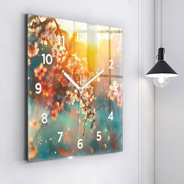 Square glass wall clock Spring flowers