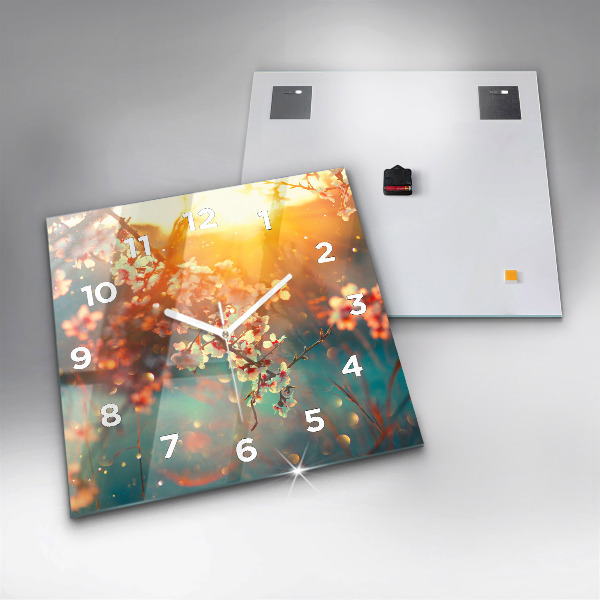 Square glass wall clock Spring flowers