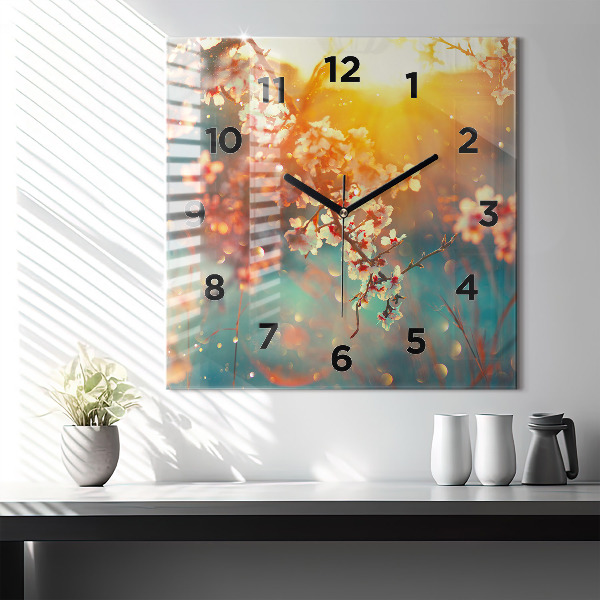 Square glass wall clock Spring flowers