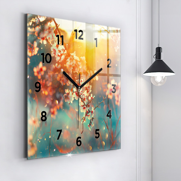Square glass wall clock Spring flowers