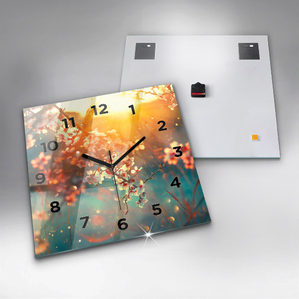 Square glass wall clock Spring flowers