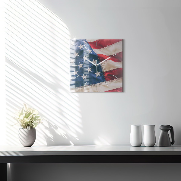 Square glass wall clock American flag