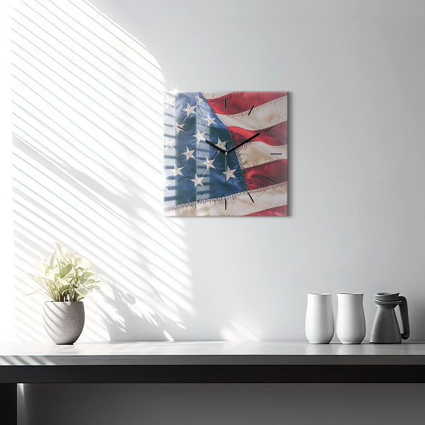 Square glass wall clock American flag