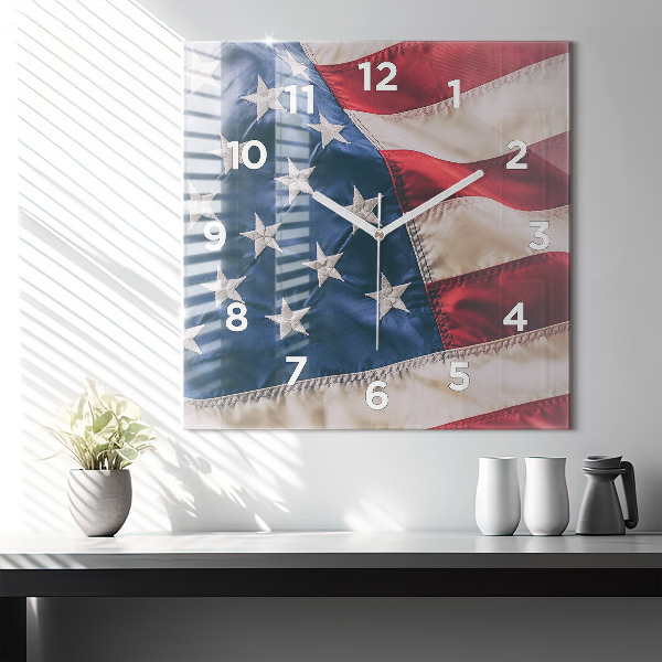 Square glass wall clock American flag