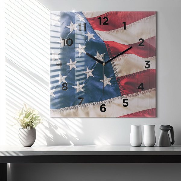 Square glass wall clock American flag