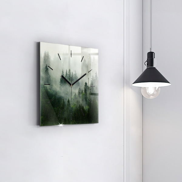 Square glass wall clock Misty forest