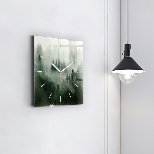 Square glass wall clock Misty forest