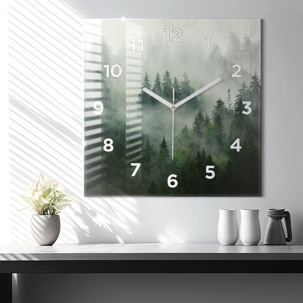 Square glass wall clock Misty forest