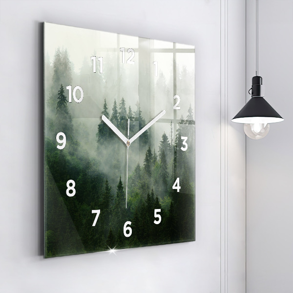 Square glass wall clock Misty forest