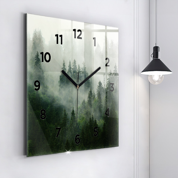Square glass wall clock Misty forest