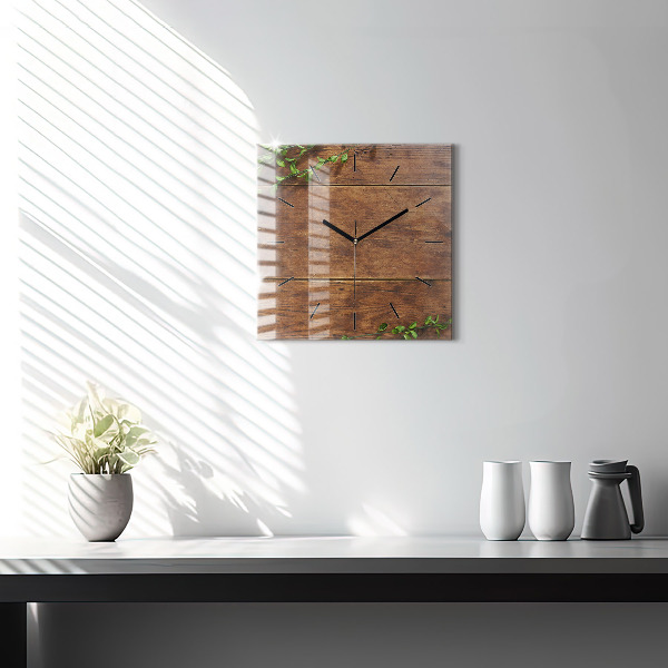 Square glass wall clock Rustic Wood