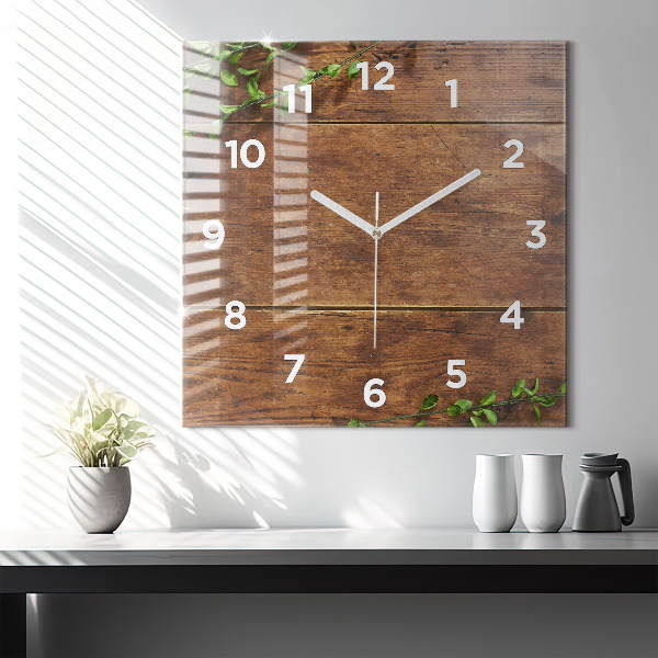 Square glass wall clock Rustic Wood