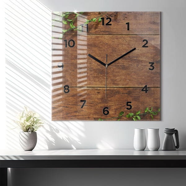 Square glass wall clock Rustic Wood