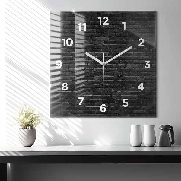 Square glass wall clock Dark brick wall