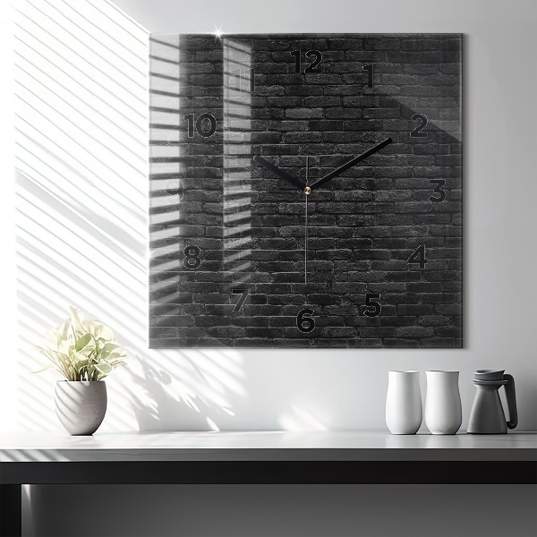 Square glass wall clock Dark brick wall