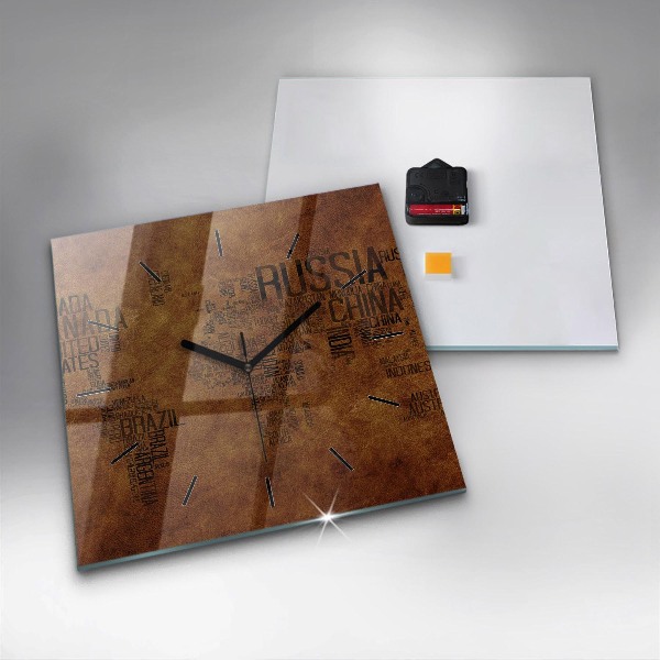 Square glass wall clock Map and country names