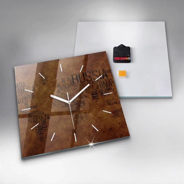 Square glass wall clock Map and country names
