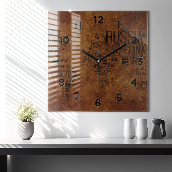 Square glass wall clock Map and country names