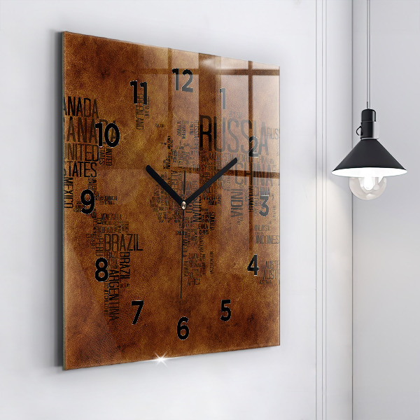 Square glass wall clock Map and country names