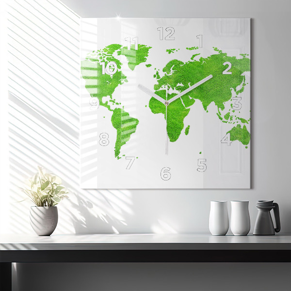 Square glass wall clock Green grass map