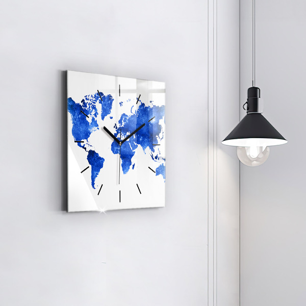 Square glass wall clock Space world map