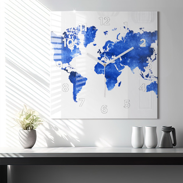 Square glass wall clock Space world map