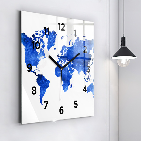 Square glass wall clock Space world map