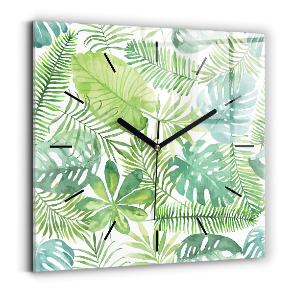 Square glass wall clock Green leaves