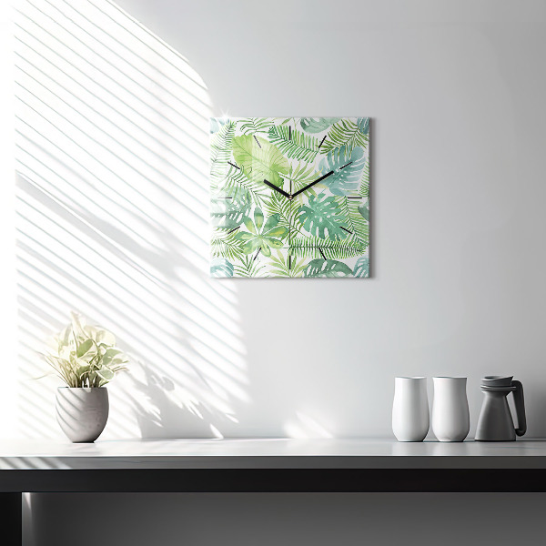 Square glass wall clock Green leaves