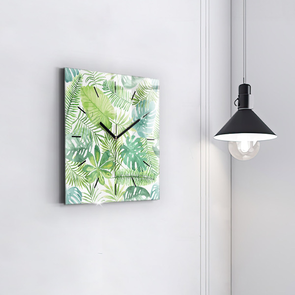 Square glass wall clock Green leaves