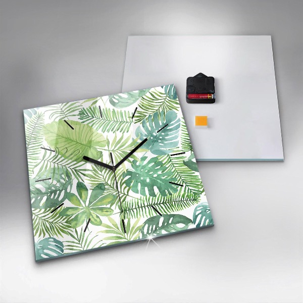 Square glass wall clock Green leaves