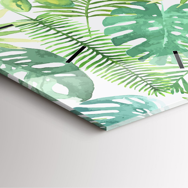 Square glass wall clock Green leaves