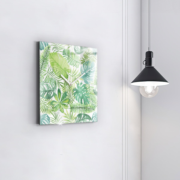 Square glass wall clock Green leaves