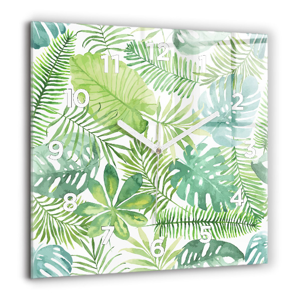 Square glass wall clock Green leaves