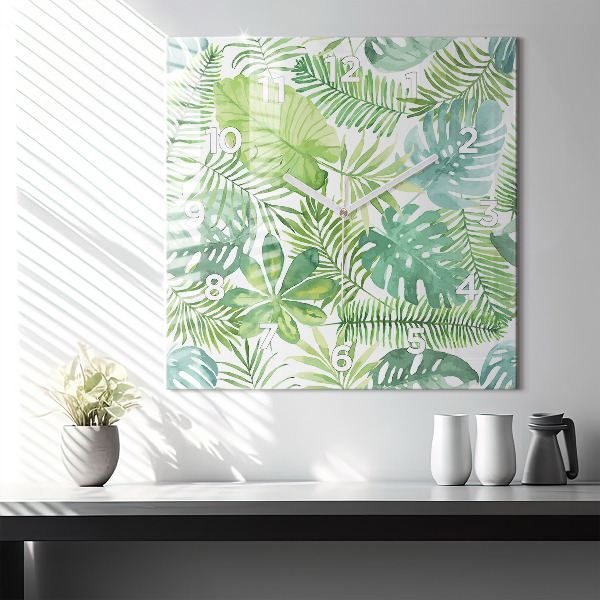 Square glass wall clock Green leaves