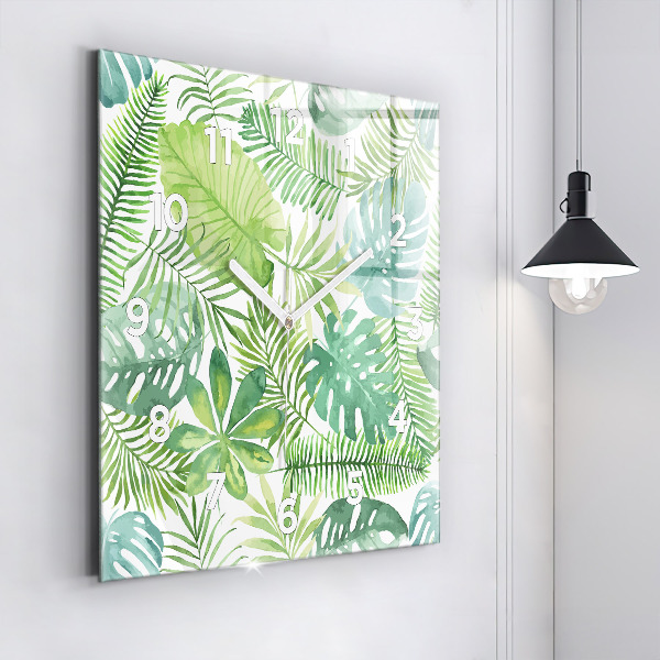 Square glass wall clock Green leaves