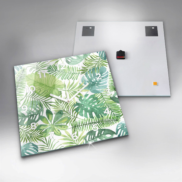Square glass wall clock Green leaves