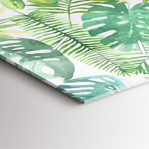 Square glass wall clock Green leaves