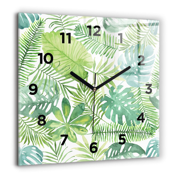 Square glass wall clock Green leaves