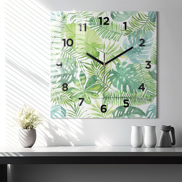 Square glass wall clock Green leaves