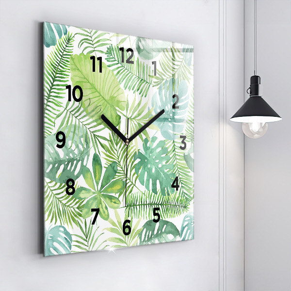 Square glass wall clock Green leaves