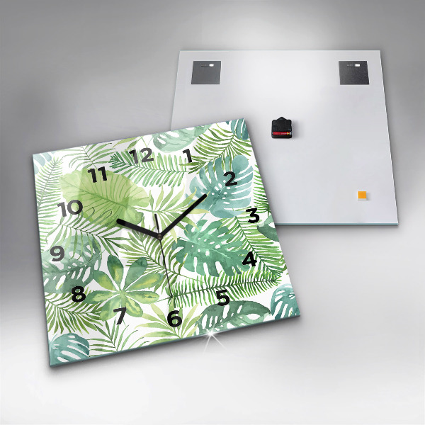 Square glass wall clock Green leaves