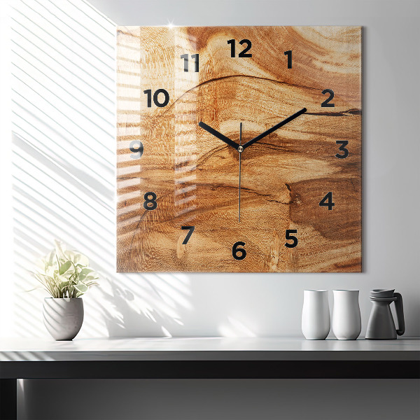 Square glass wall clock Wood texture