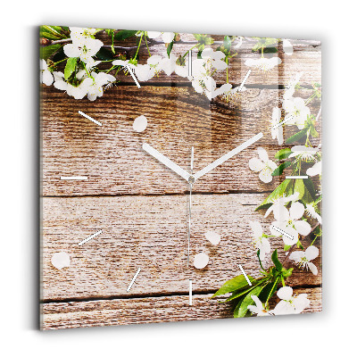 Square glass wall clock Flowers on wood