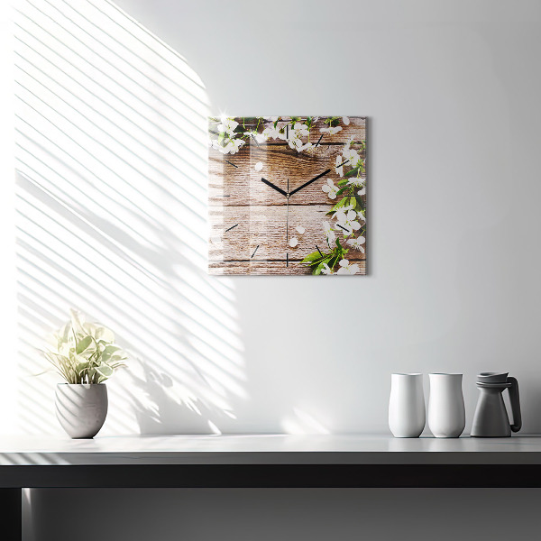 Square glass wall clock Flowers on wood